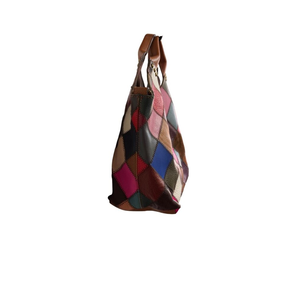 Booba Patchwork Leather Tote Bag Multicolor Squares Brown Handles Dopamine Boho - Picture 4 of 16